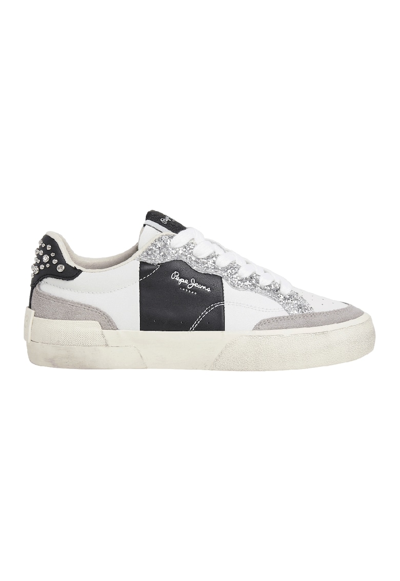 Oferte la Pantofi sport cu piele intoarsa si detalii stralucitoare - Alb/Negru/Argintiu