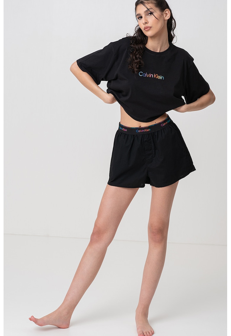 Oferte la Pantaloni scurti de pijama cu banda logo in talie - Negru