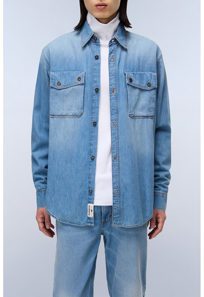 Oferte la Camasa din denim cu terminatie rotunjita - Albastru deschis melange