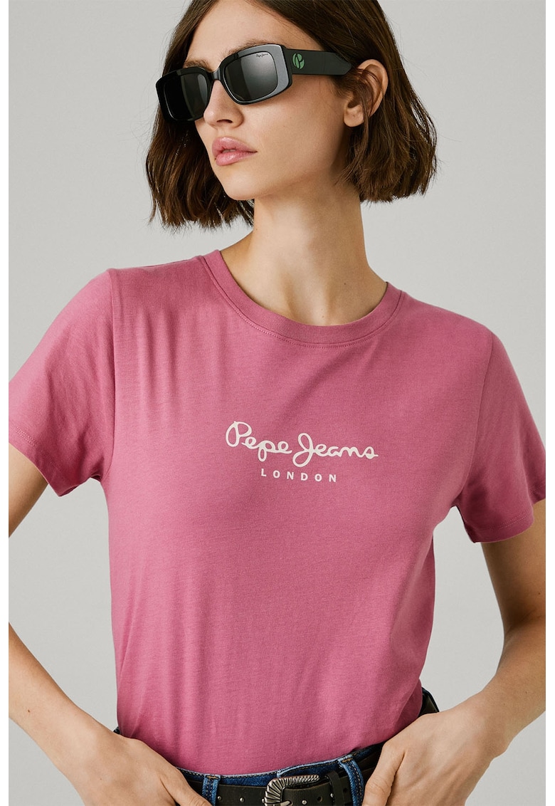 Oferte la Tricou din bumbac cu decolteu la baza gatului si detaliu cu logo pe piept - Roz prafuit