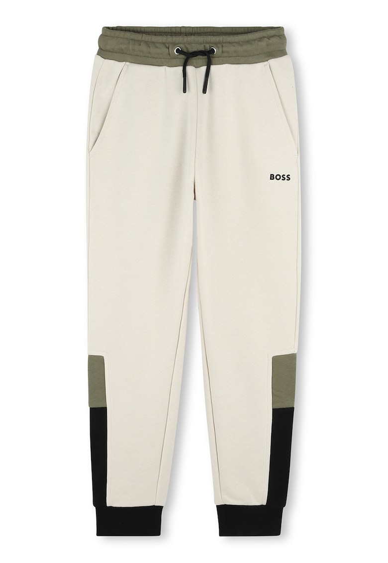 Oferte la Pantaloni de trening cu snur si model colorblock - Crem/Verde sparanghel