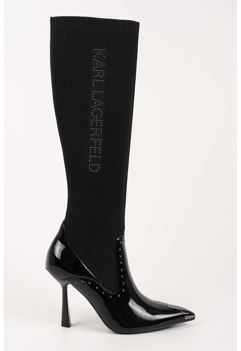 Oferte la Cizme din piele si material textil cu toc stiletto - Negru