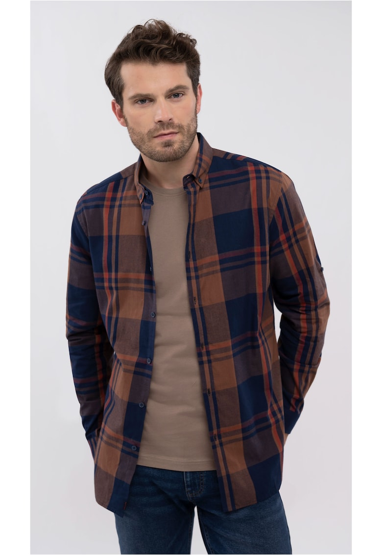 Oferte la Camasa cu carouri  K-Jose pentru barbati - bumbac - albastru marin - Slim Fit