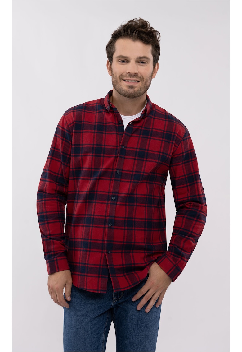 Oferte la Camasa pentru barbati  K-Iseo - bumbac - maneca lunga - rosu cu carouri - Regular Fit
