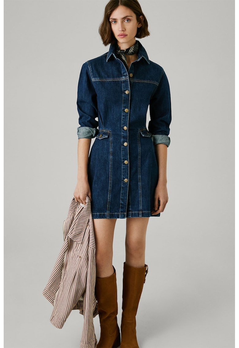 Oferte la Rochie scurta din denim cu nasturi - Albastru inchis