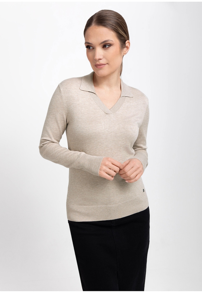 Oferte la Pulover dama cu guler  S-Toyo - decolteu in V - Slim Fit - bej melange - Bej melange
