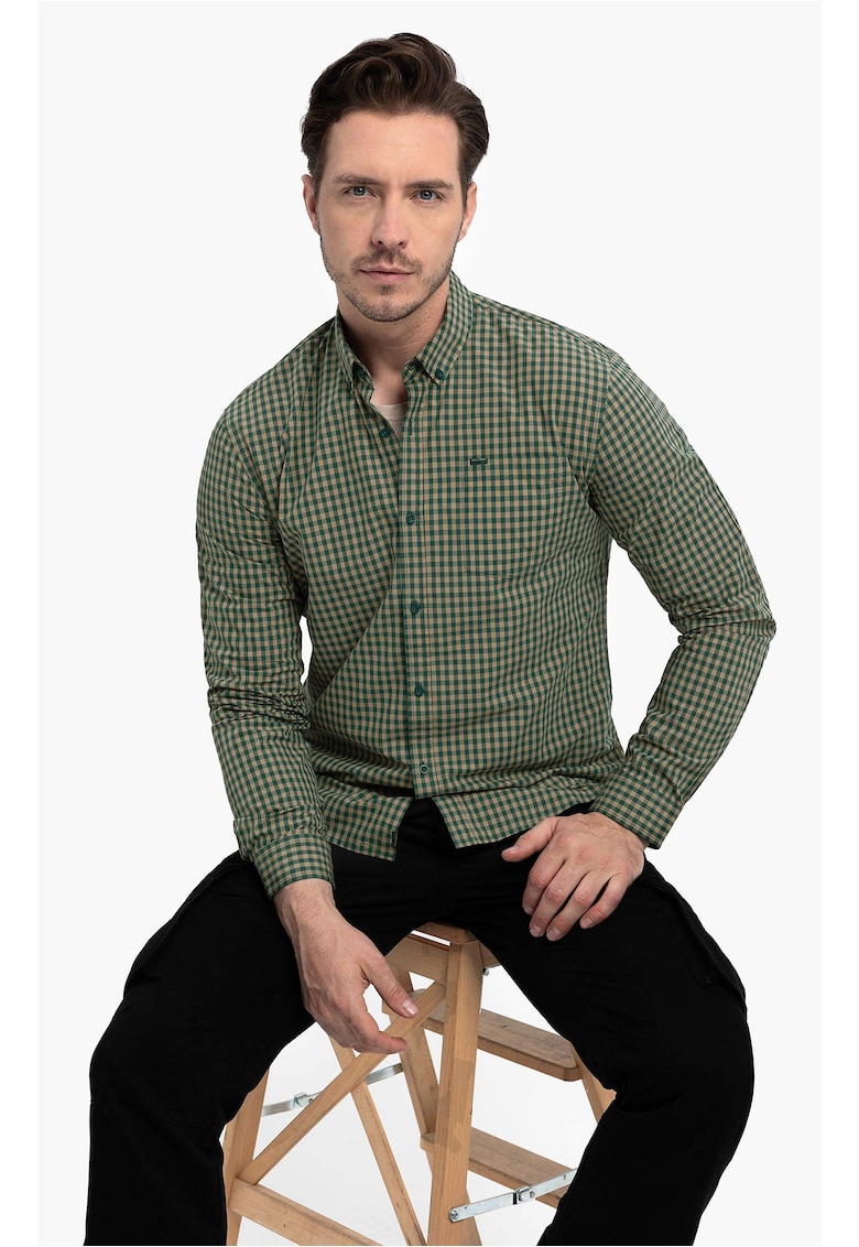 Oferte la Camasa cu model in carouri - cu guler fixat cu nasturi - maneci lungi - Slim Fit -  K-Rube - Verde - Verde