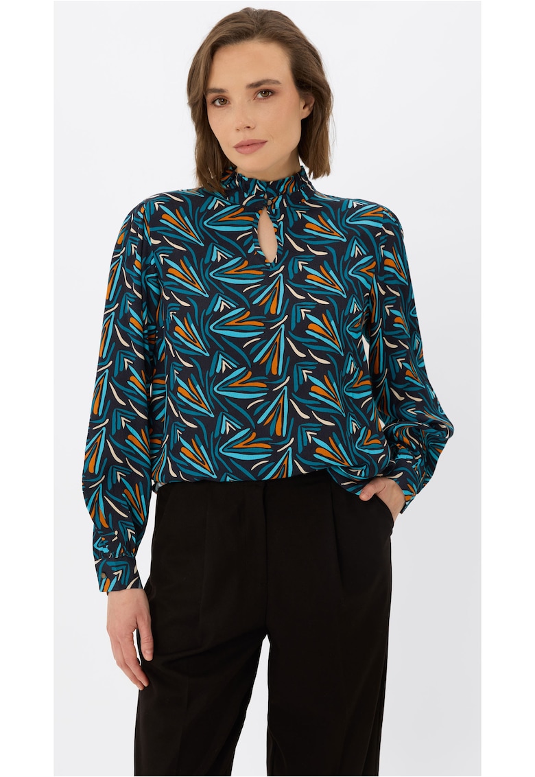 Oferte la Bluza lejera cu maneci lungi - cu model abstract - guler cu volane -  K-Banax - torquaz - Turcoaz/Multicolor