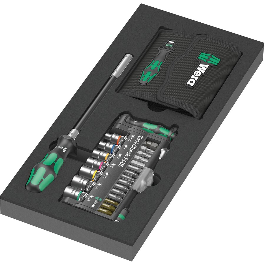 Oferte la 9750 Kraftform Compact and Tool-Check PLUS Set 1, 57-piece tool set (black/green, socket wrench and bit set, in foam insert for workshop trolley)