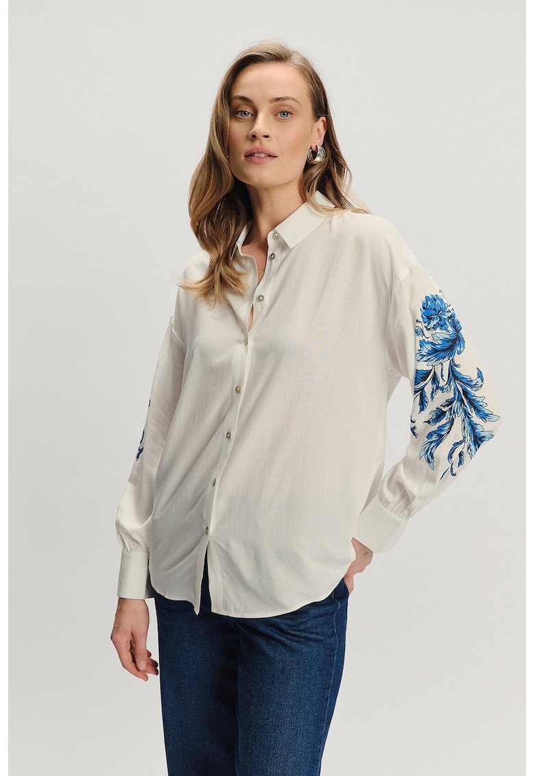 Oferte la Camasa lejera cu maneci cu model floral - Alb fildes/Albastru