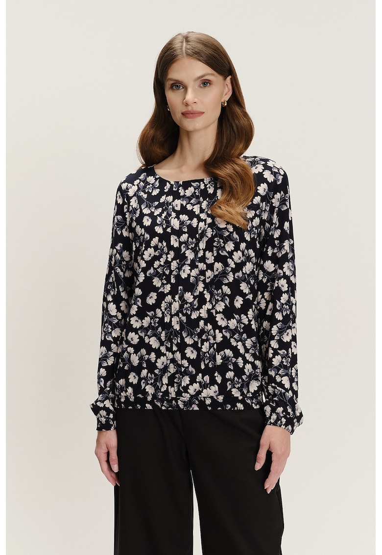 Oferte la Bluza cu decolteu rotund si model - Alb fildes/Negru