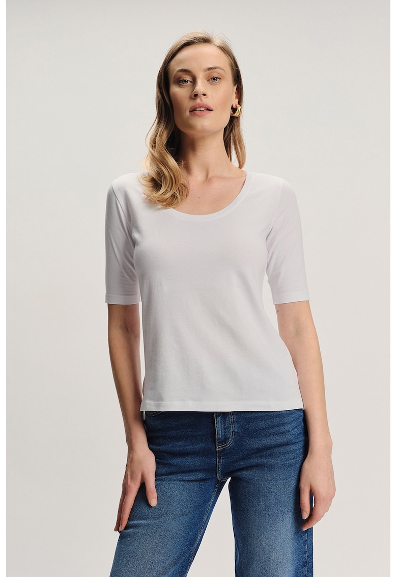 Oferte la Tricou cu decolteu rotund si maneci medii - Alb
