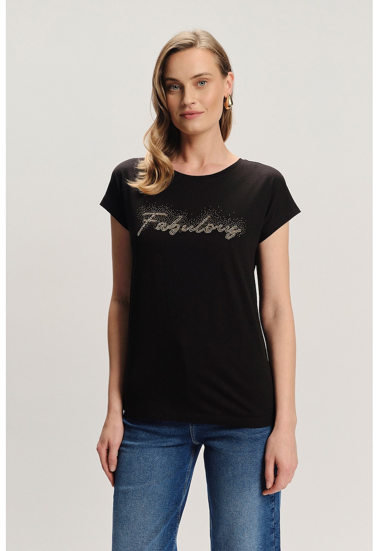 Oferte la Tricou din amestec de modal cu text din strasuri - Negru