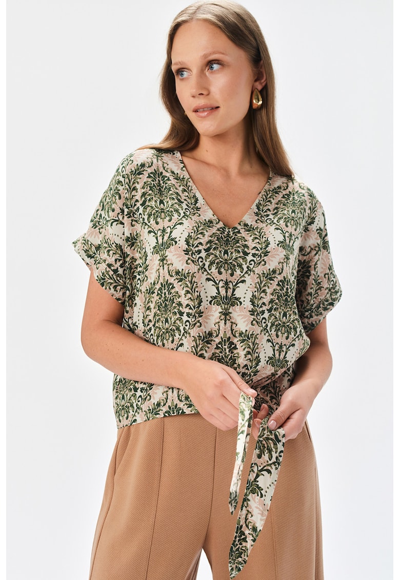 Oferte la Bluza cu guler tunica si motive orientale - Alb/Verde englez/Roz prafuit