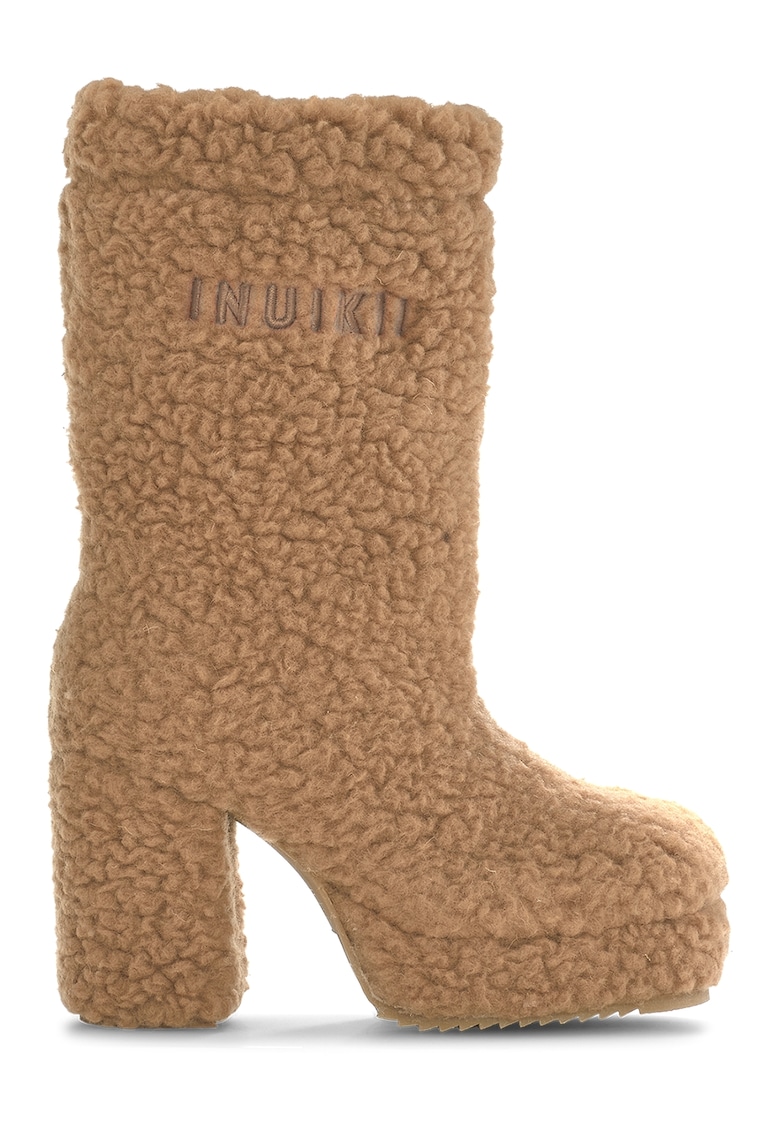 Oferte la Cizme medii din blana shearling cu toc masiv - Caramel