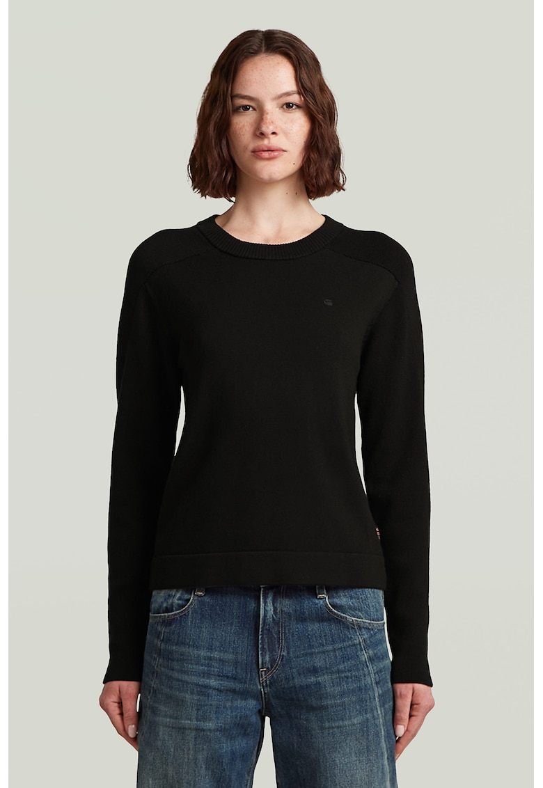 Oferte la Pulover tricotat din lana cu model uni si guler rotund - Negru
