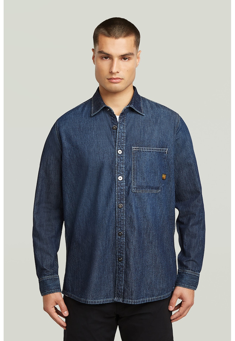 Oferte la Camasa din denim cu buzunar pe piept - Bleumarin