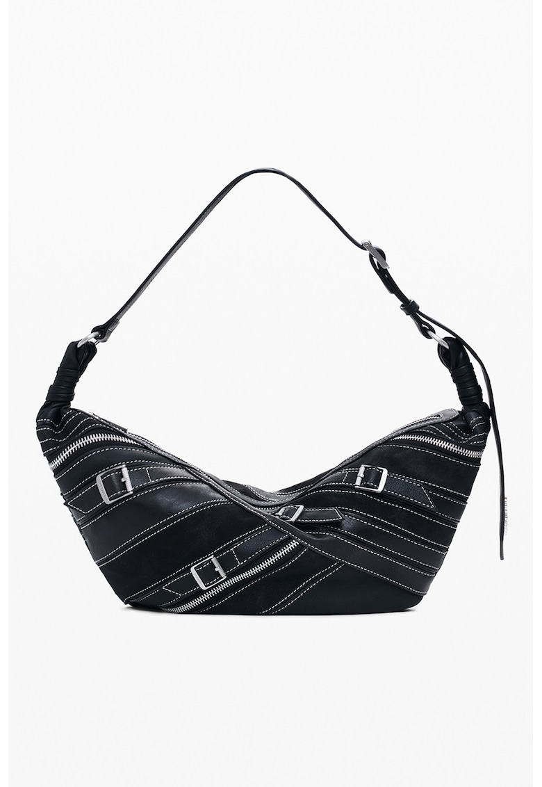 Oferte la Geanta semiluna din piele ecologica cu model cu catarama - Alb/Negru
