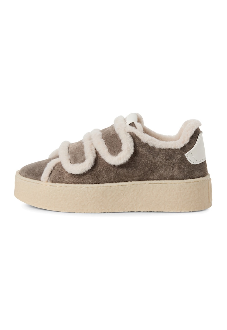 Oferte la Pantofi sport din piele intoarsa cu garnituri din lana si velcro - Maro taupe/Alb murdar