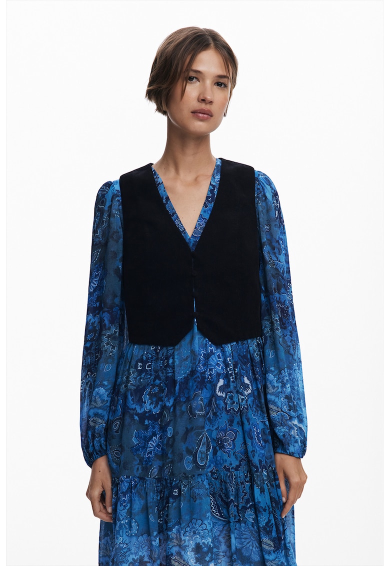 Oferte la Set de rochie midi cu decolteu in V si model paisley si vesta - 2 piese - Negru/Albastru royal