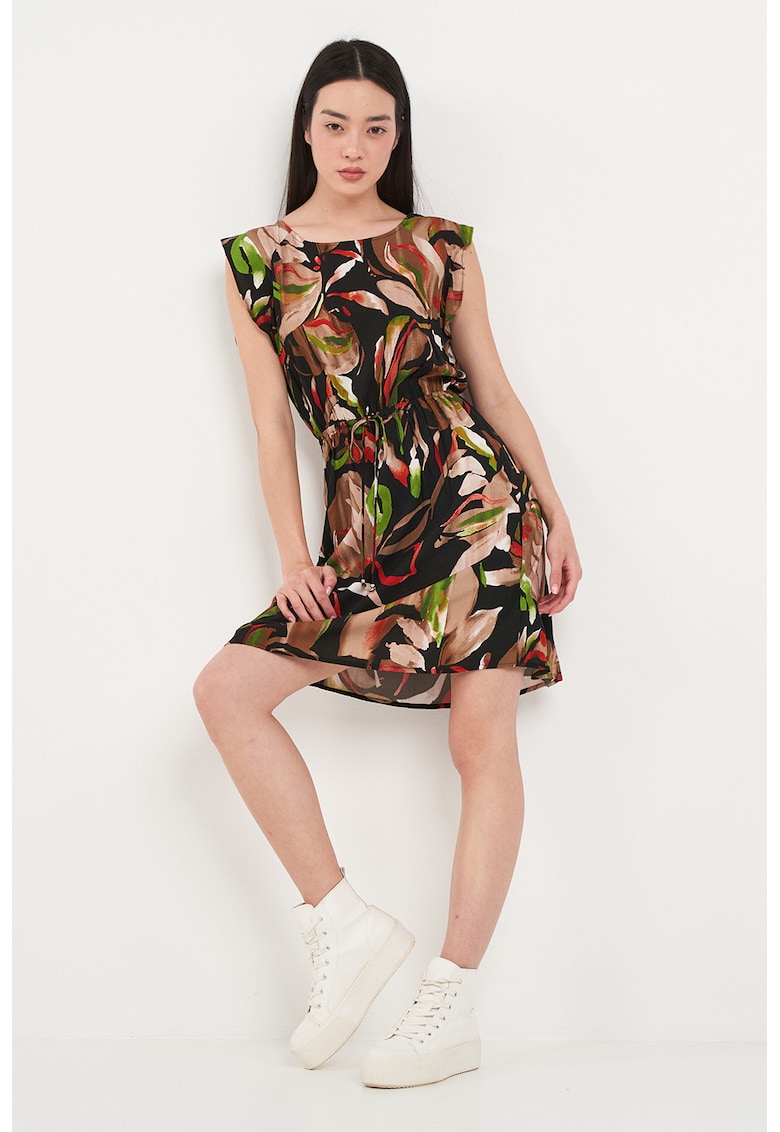 Oferte la Rochie scurta cu talie ajustabila si model floral - Verde/Negru/Bej
