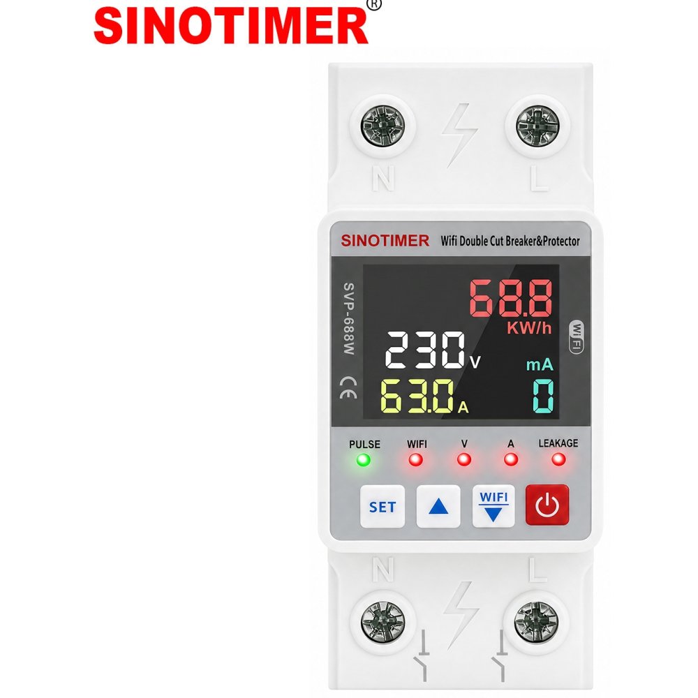 Oferte la Releu protectie LED, dubla deconectare, WiFi Sinotimer SVP688W-63AC2, 63A, consum energie, diferential si temperatura