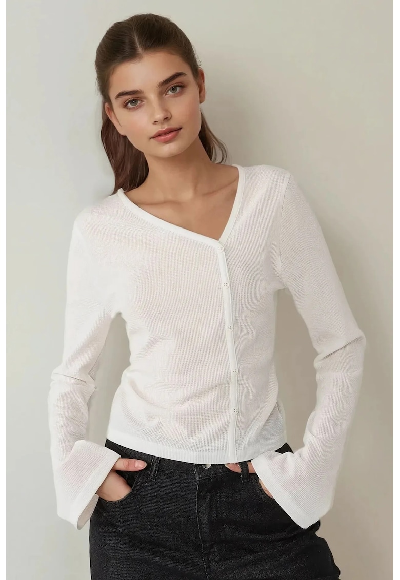 Oferte la Bluza dama -  tip waffle texturata - decolteu asimetric - alb - jerseu