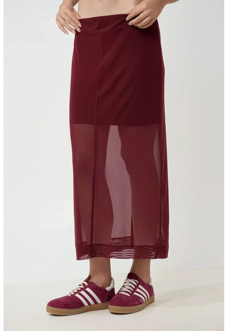 Oferte la Fusta midi dama - bumbac/poliester/dantela -  talie inalta - rosu