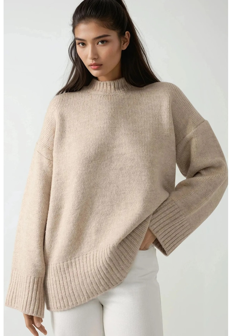 Oferte la Pulover dama -  tricotat gros - guler rotund - tricot - natural -