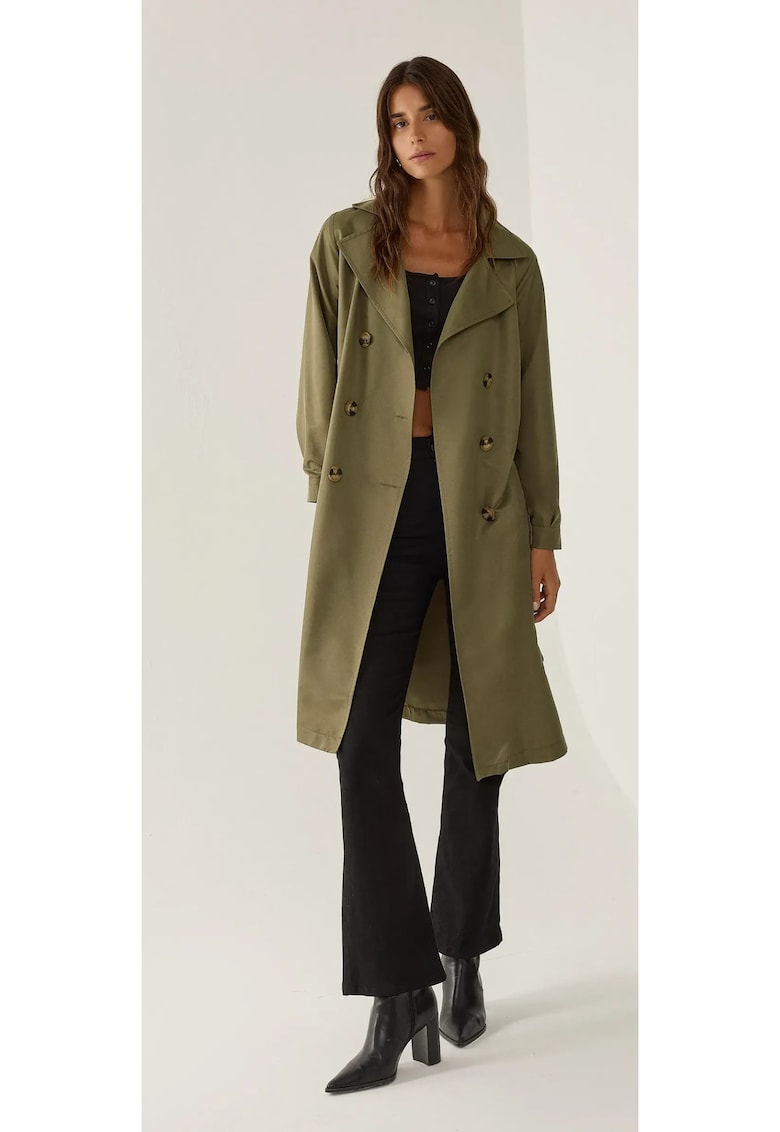 Oferte la Palton dama -  trench usor cu nasturi si curea - verde - textil