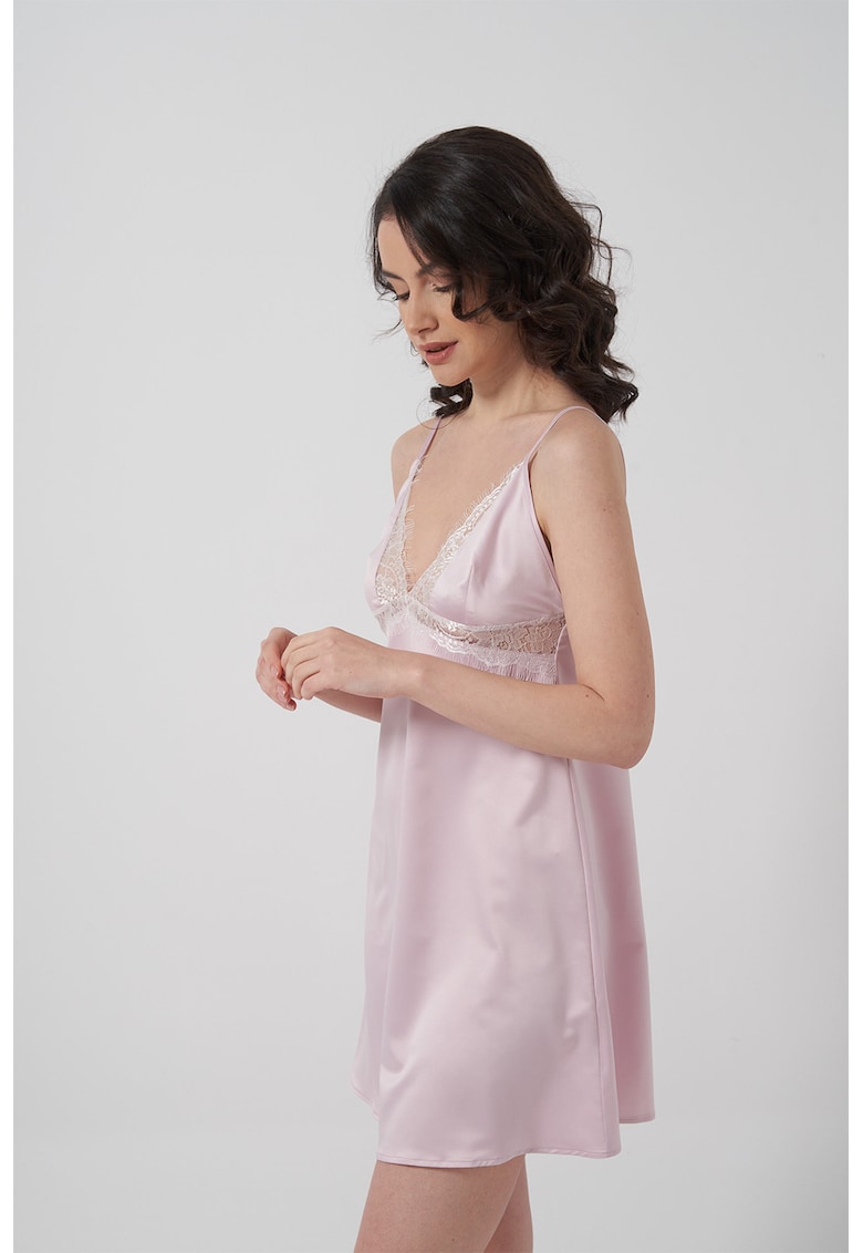 Oferte la Camasa de noapte cu decolteu in V si insertii de dantela Issa - Roz pastel
