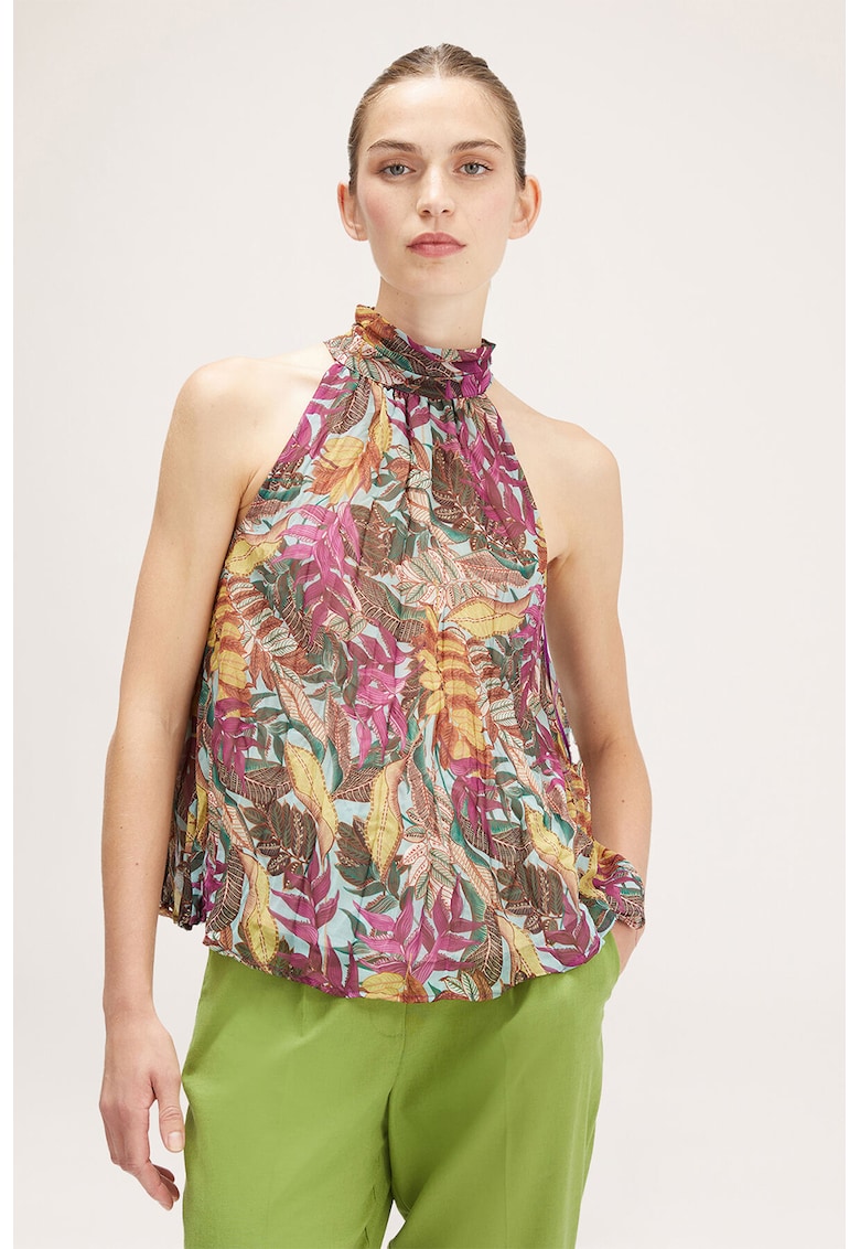 Oferte la Bluza cu model floral si decolteu american - Verde/Violet prafuit/Galben mustar