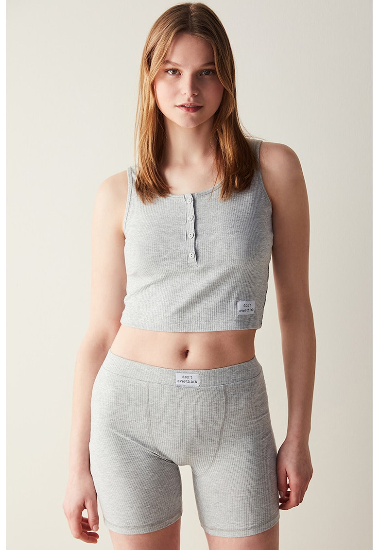 Oferte la Top de pijama striat cu aplicatie text discreta - Gri melange