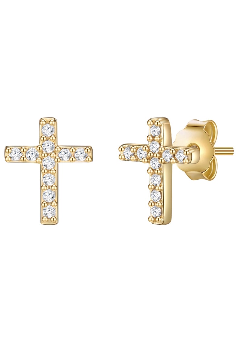 Cercei in forma de cruce - placati cu aur de 14K - cu zirconia - Auriu/Galben