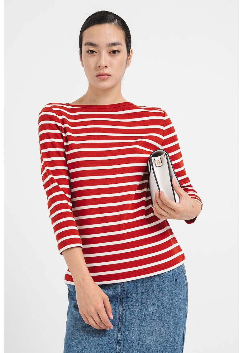 Oferte la Bluza slim fit de bumbac cu maneci trei sferturi - Alb/Caramiziu
