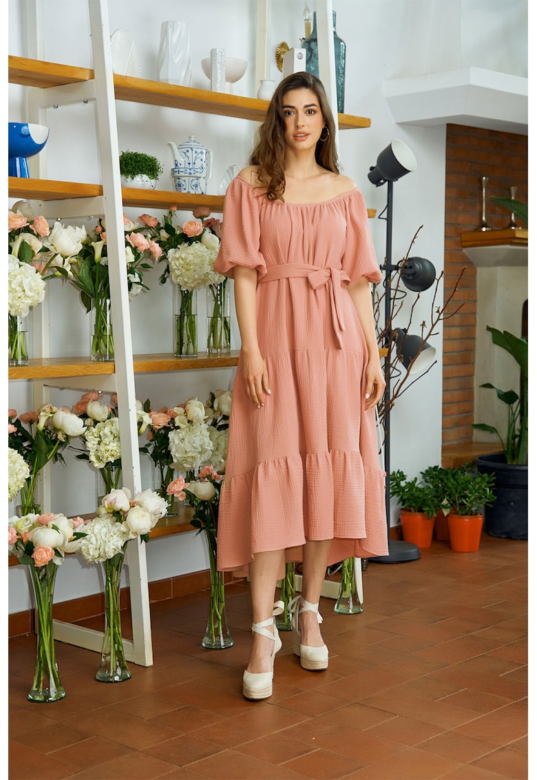 Oferte la Rochie cu decolteu pe umeri si terminatie asimetrica Cassia - Roz somon