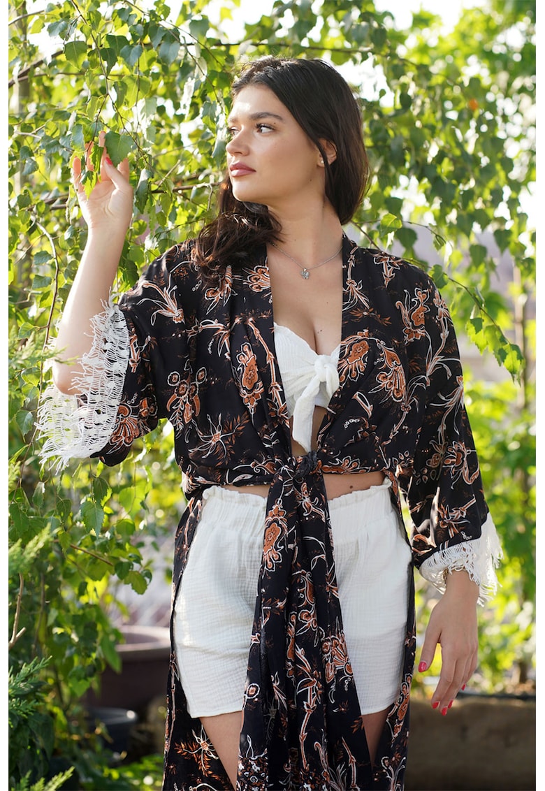 Oferte la Chimono cu model si slituri laterale - Alb/Negru/Portocaliu stins