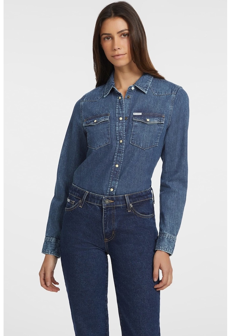Oferte la Camasa din denim cu buzunare pe piept - Albastru inchis