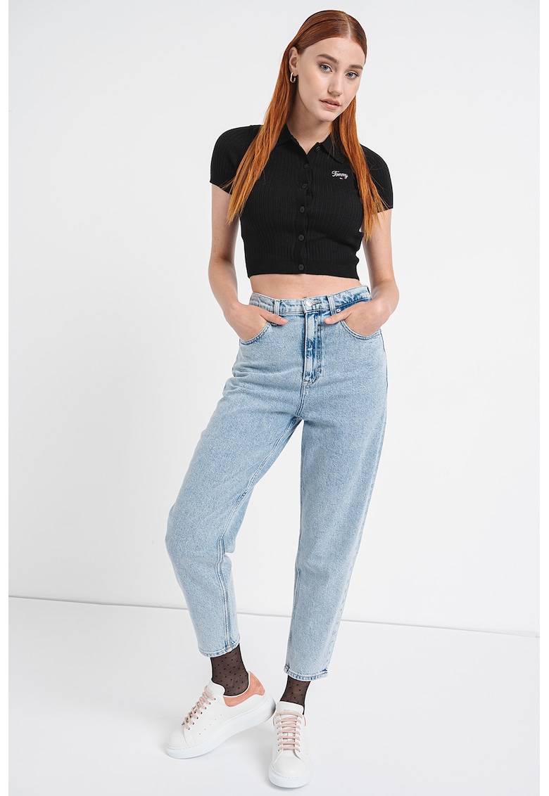 Oferte la Pulover crop striat cu decolteu polo - Negru