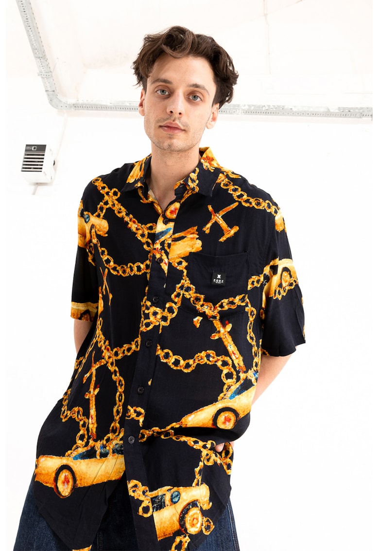 Oferte la Camasa unisex cu model si maneci medii - Auriu/Negru