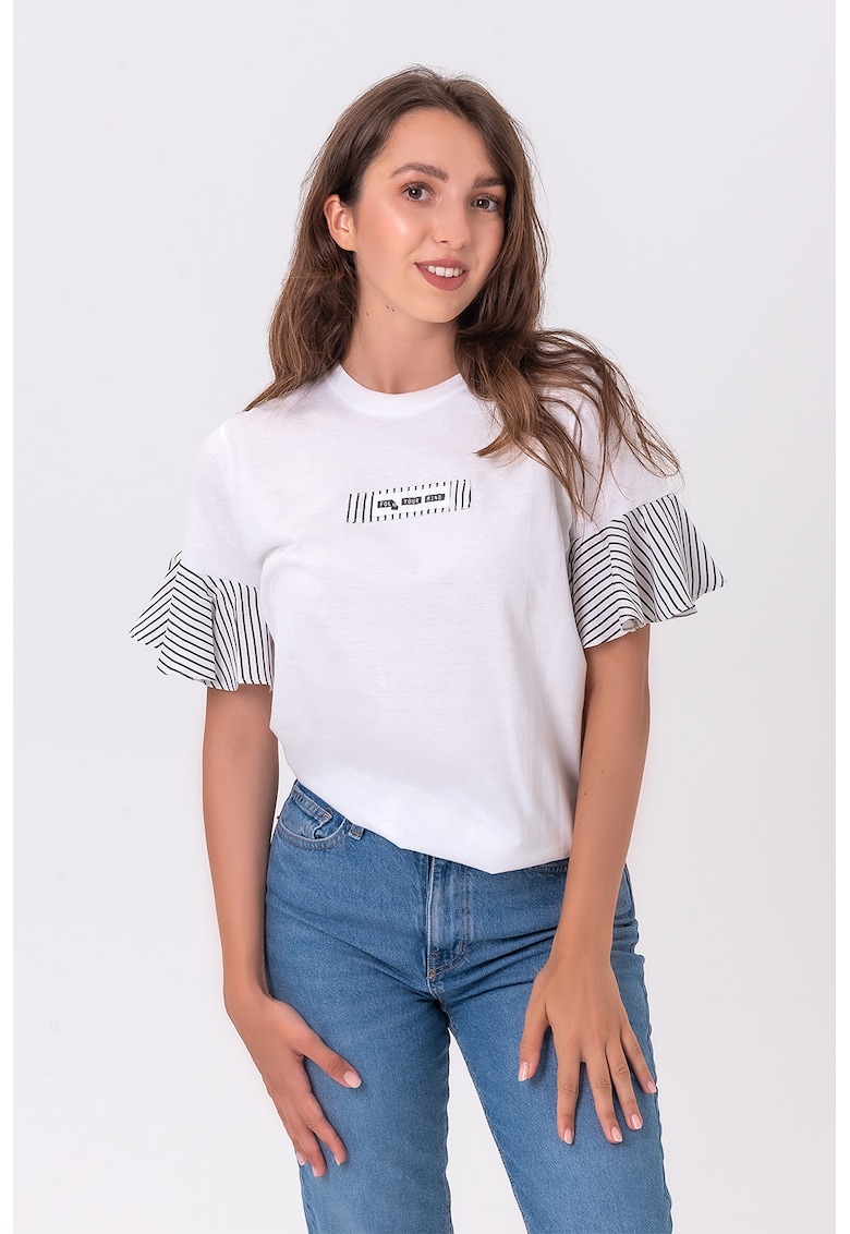 Oferte la Tricou din amestec de bumbac cu maneci cu volane - Negru/Alb optic
