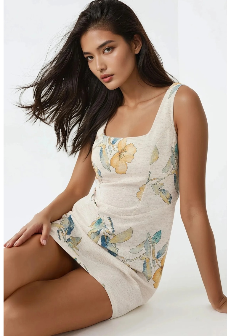 Oferte la Rochie mini  floral - decolteu patrat - bej - textil