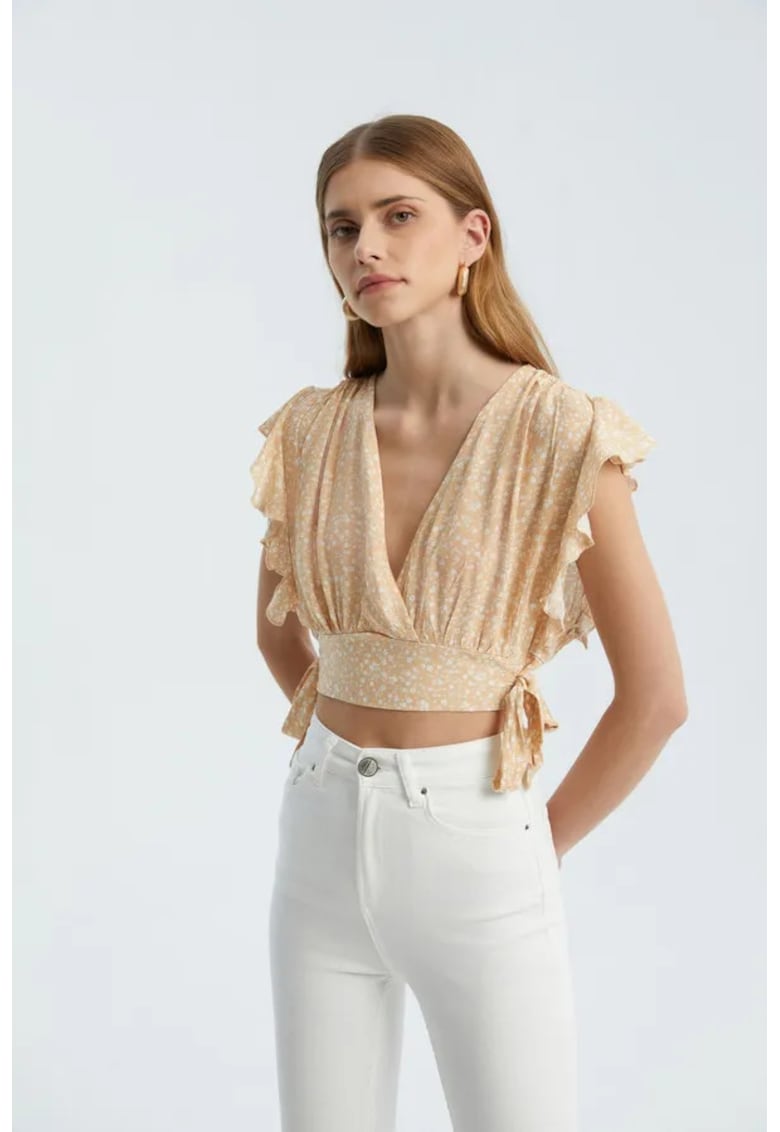 Oferte la Top scurt -  decolteu in V - nod lateral - bej - textil