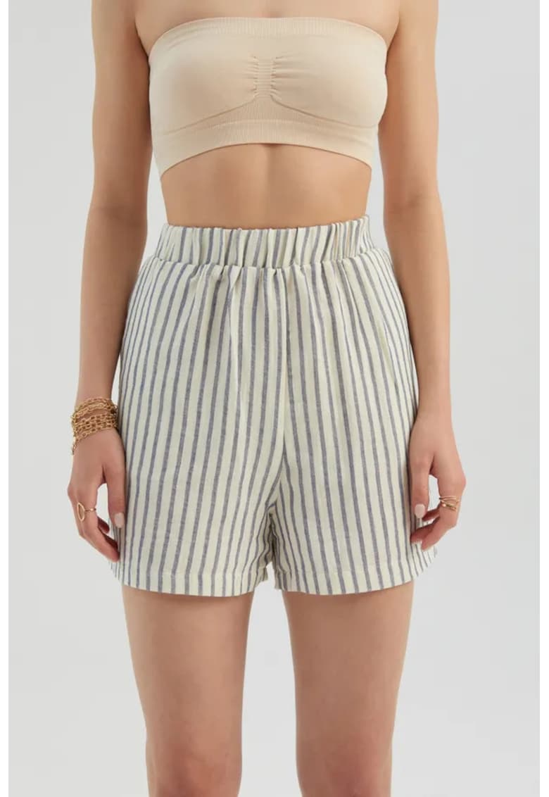 Oferte la Pantaloni scurti dama -  cu talie inalta - dungi - culoare naturala - material textil