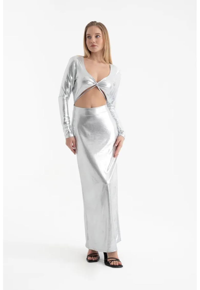 Oferte la Rochie maxi -  decolteu in V metalic - maneca lunga - gri - textil