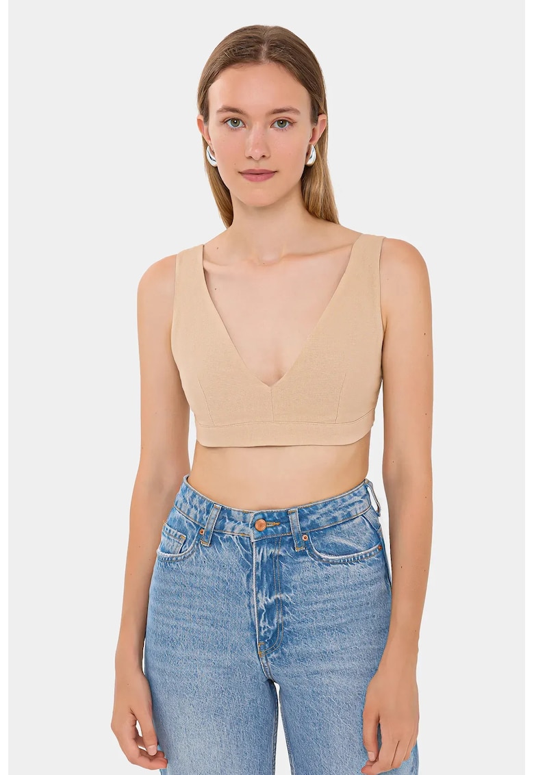 Oferte la Top  -  top scurt - decolteu in V - bej - bumbac