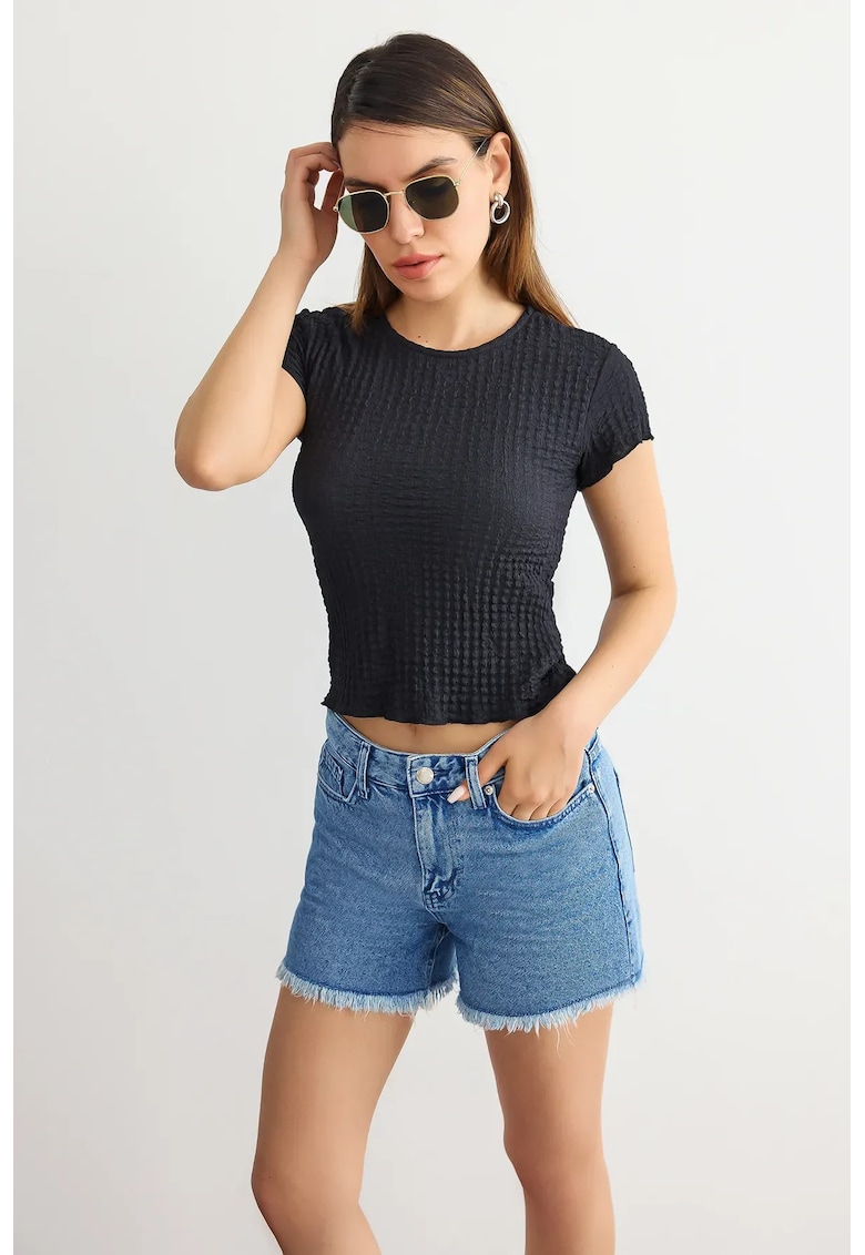 Oferte la Top dama -  scurt - maneca scurta - decolteu rotund - negru - poliester