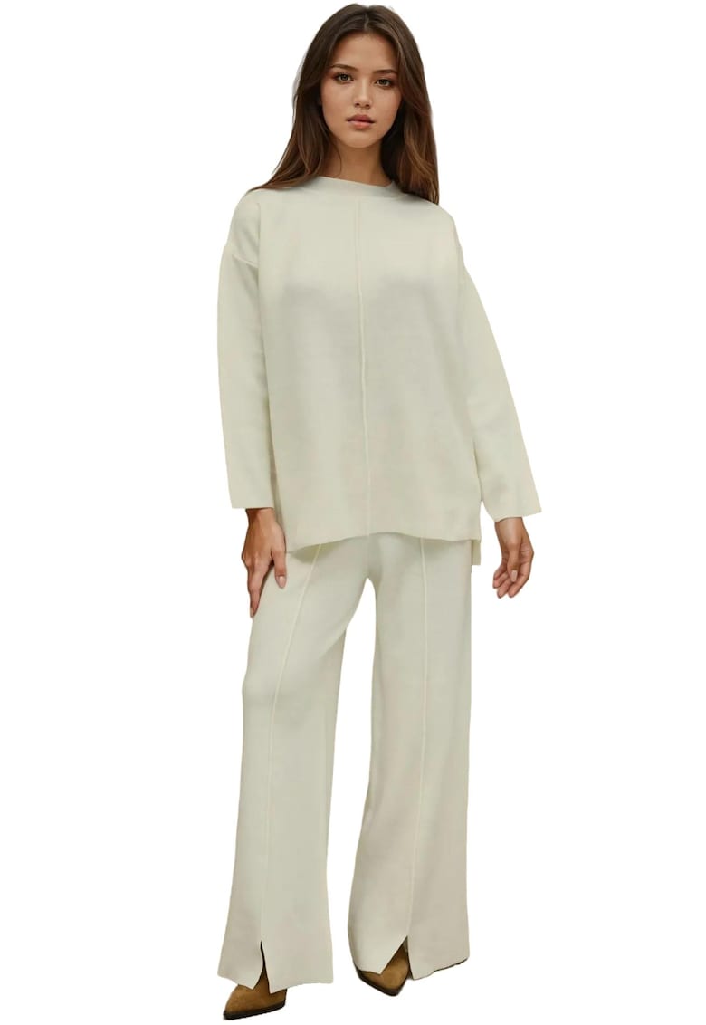Oferte la Set compleu pulover lung si pantaloni largi -  tricot - alb