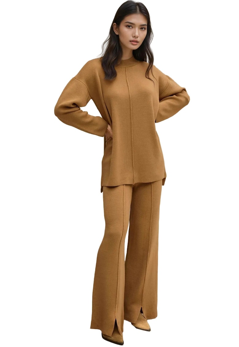 Oferte la Set coordonat pulover lung si pantaloni largi -  tricot - bej
