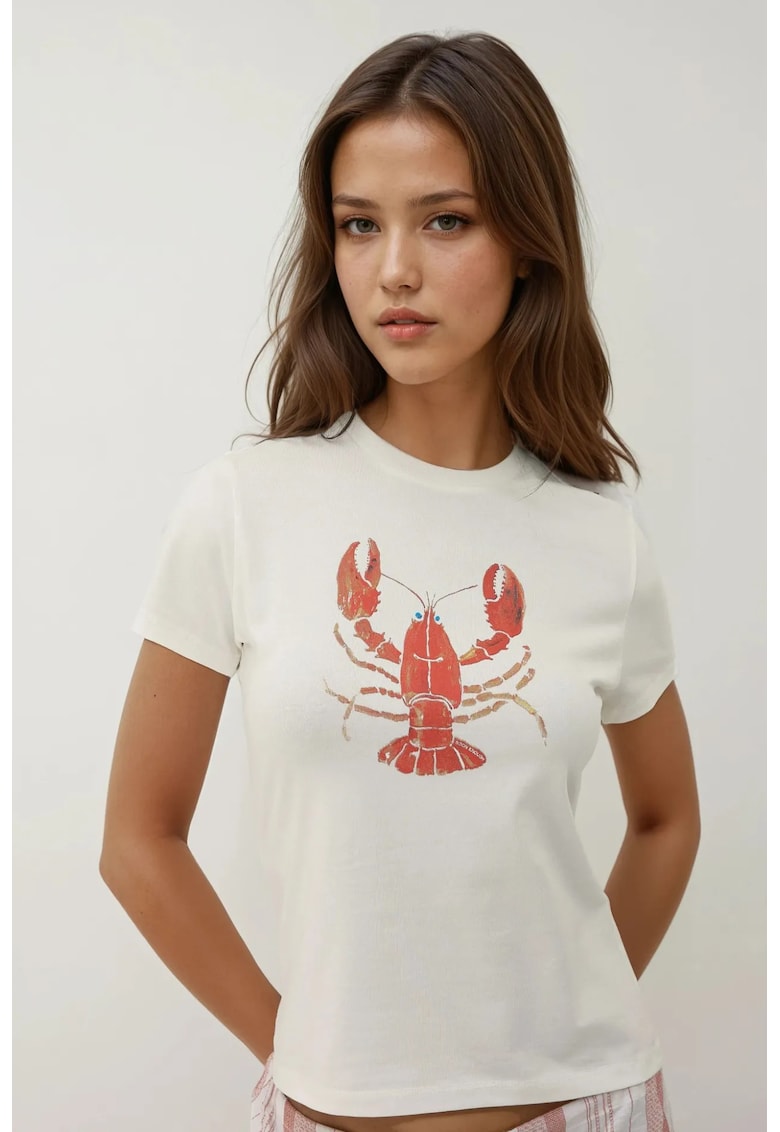 Oferte la Tricou dama -  guler rotund - imprimeu modern - alb - jerseu